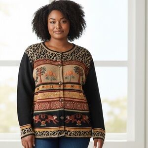 VINTAGE RONNIE SALLOWAY KNIT CARDIGAN size L Monkey & Safari Art-to-Wear Sweater